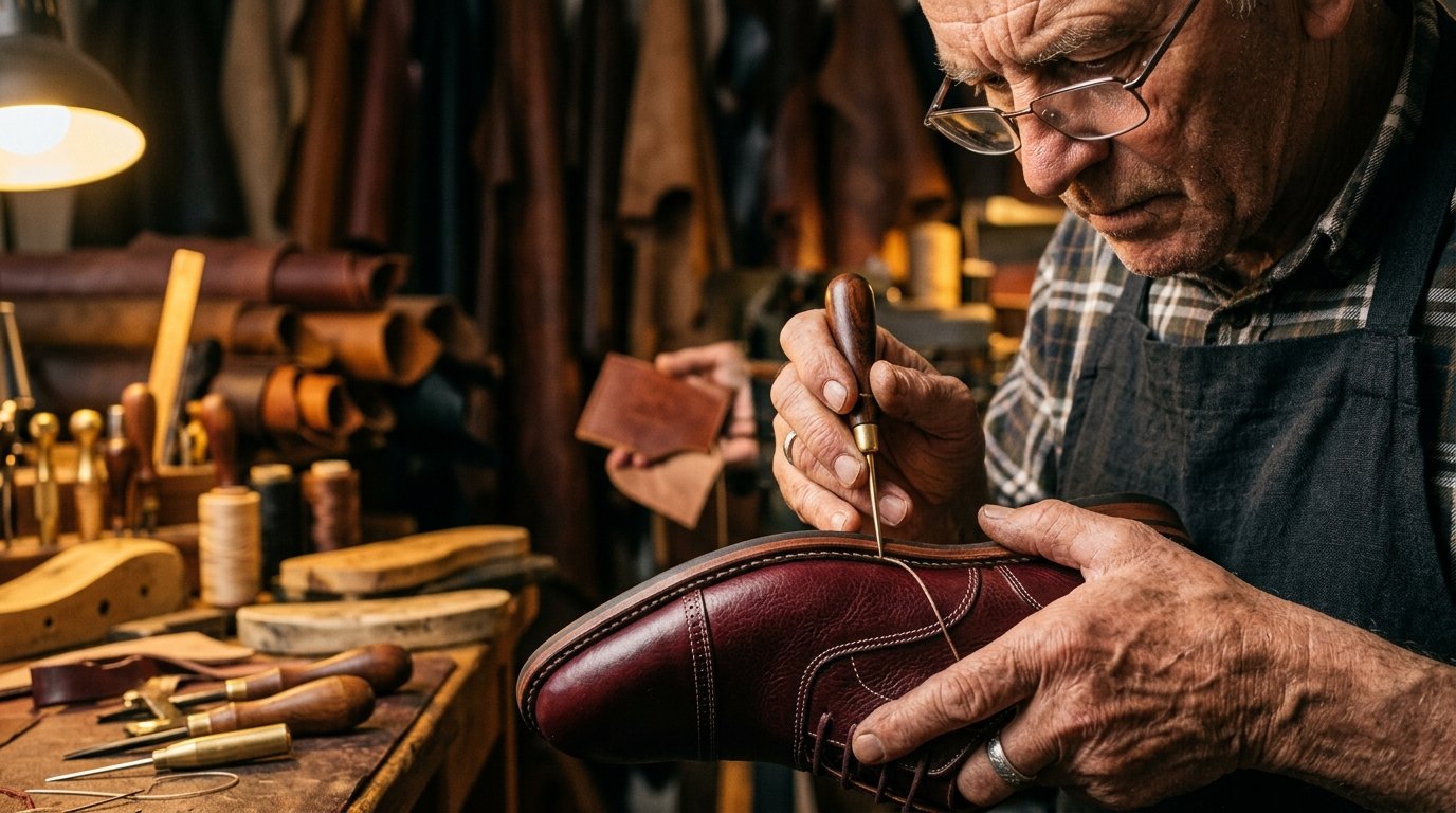 Master Leather Artisan Inspecting Full-Grain Calfskin in Faisalabad